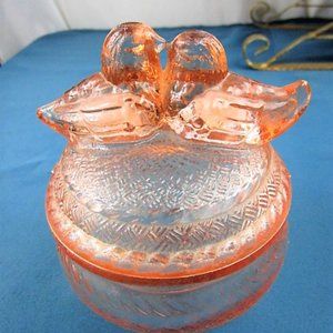 Pink Vintage Depression Glass Bird Powder Jar